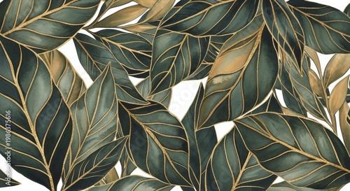 Watercolor green leaf pattern with golden vein outline. Decorative botanical wallpaper background with modern tropical foliage illustration. Artistic nature art texture for textile design.
