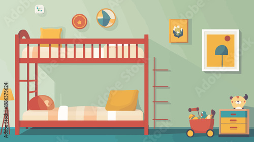 A brightly colored children's room, featuring a bunk bed, toys, and framed artwork