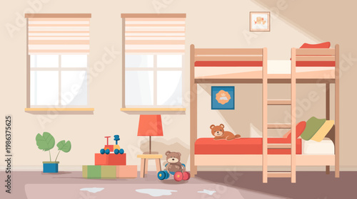 A child's cozy room, rendered in a flat illustration style, with a bunk bed, toys, and soft lighting