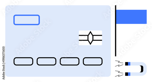 Finance, cybersecurity, fraud prevention, payment technology, digital transactions, data theft. Simplified credit card with magnetic stripe and magnet icon. Finance and cybersecurity concept