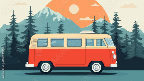 A vintage campervan travels through a serene mountain landscape under a warm sunset