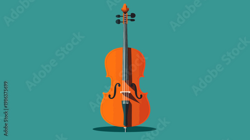 A stylized illustration of a cello, set against a teal background. The instrument is centered