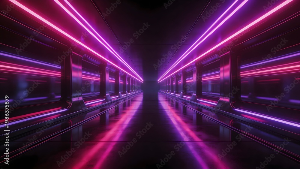 Fototapeta premium Neon lit corridor with reflective floor