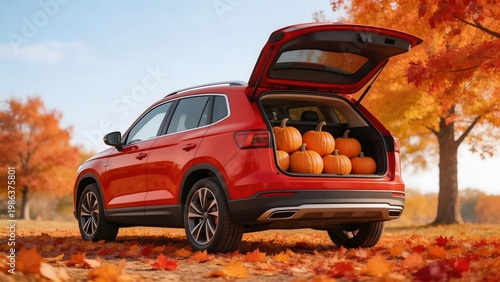 Red car with open trunk and pumpkins