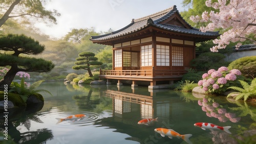 Traditional Asian pavilion by pond with koi fish