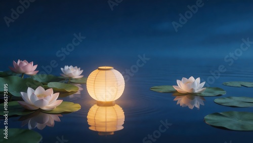 Lantern on lotus pond at night