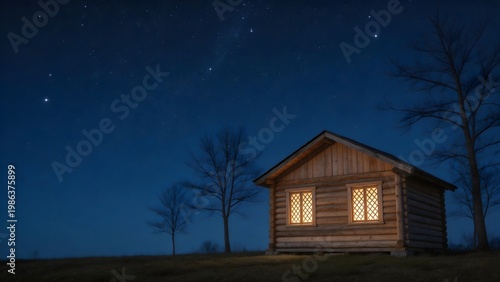 Wooden cabin under starry night sky