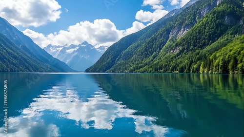 Serene mountain lake reflects blue sky
