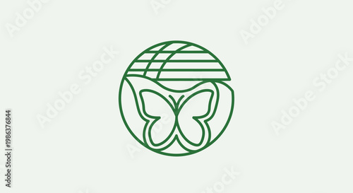 A green line drawing of a butterfly inside a globe with horizontal lines on top