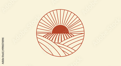 Sunrise illustration depicts a stylized sun over wavy lines on a beige background