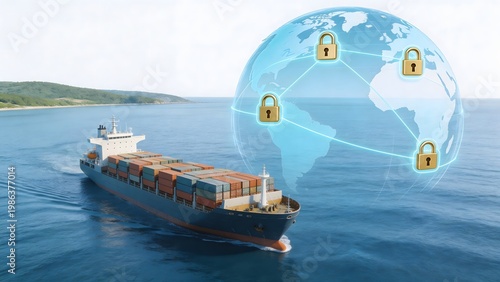 Cargo ship sailing with globe and locks