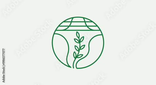 A green line drawing of a sprouting plant inside a globe on a light background.