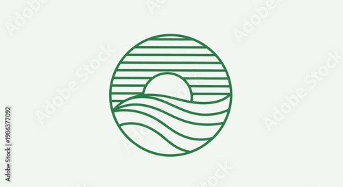 Green logo illustration of sunset over wavy lines in a circle
