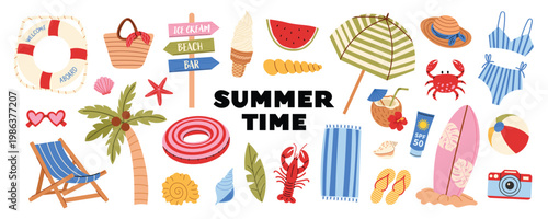 Summer beach set with tropical elements and vacation symbols. Palm tree, surfboard, ice cream, umbrella, crab and accessories. Collection for travel design. Vector isolated on white background.