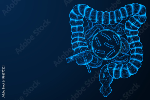 Diagnosis of intestinal infections. The human intestine, in the center of which intestinal bacteria are found under a magnifying glass.  The concept of analysis and detection of pathogens of the body.