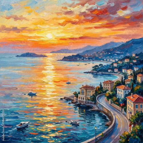 Nice France sunset Mediterranean coastline landscape illustration