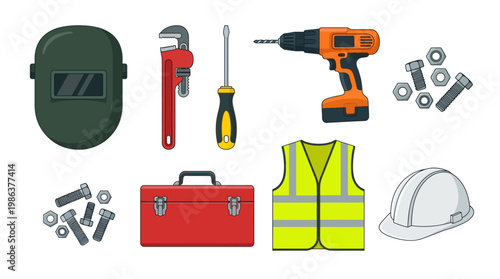 A collection of essential construction and industrial tools with safety equipment including a welding mask, drill, hard hat, and toolbox.