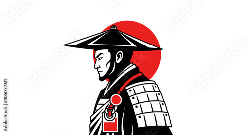 Fotografie A samurai warrior in traditional Japanese armor stands proudly against a red sun