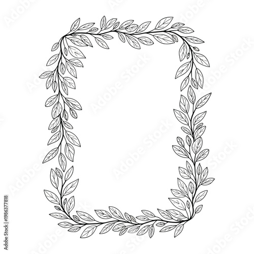 Hand drawn leafy branch frame border in black and white line art style for invitations and cards
