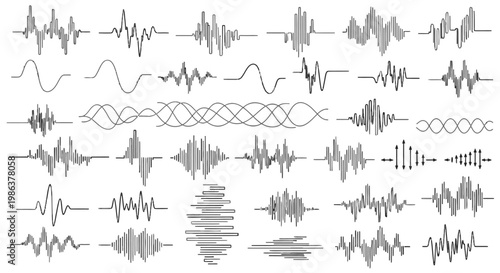 Collection of various waveform graphics and sound wave patterns.