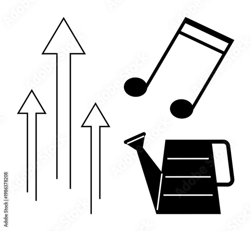 Growth, creativity, music, nurturing, motivation, progress. Black arrows pointing upward, music notes and a watering can. Growth and creativity are through nurturing and progress