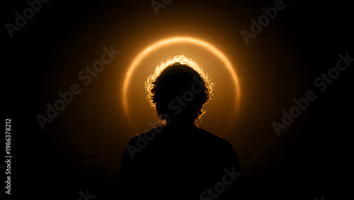 Person silhouette with curly hair, backlit by a golden halo on a dark background, ideal for spiritual awakening, personal growth and conceptual projects.