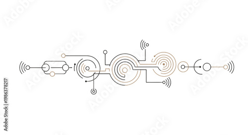 A stylized illustration of interconnected mechanical components and signals.