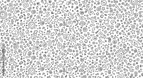A seamless pattern of various gray shapes and circles on a white background.