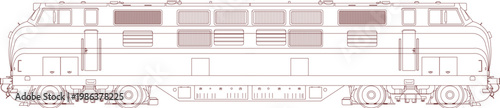 Technical line drawing of a diesel locomotive side elevation showing windows, ventilation grilles, doors, wheels, and mechanical details in blueprint style.