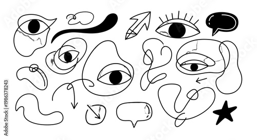 A collection of expressive face and eye illustrations with speech bubbles.