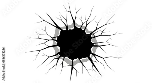 Cracked hole in white background.