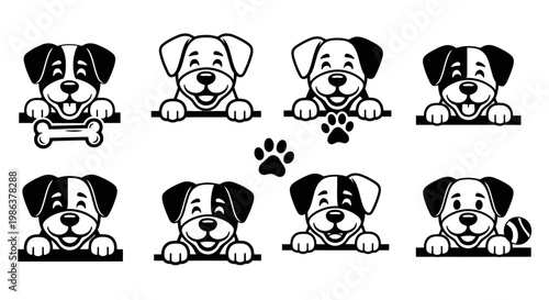 Black and white dog illustrations with smiling faces.