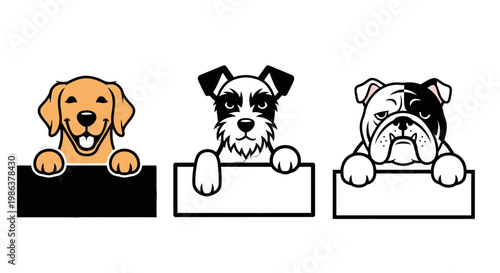 Three cartoon dogs peeking over signs.