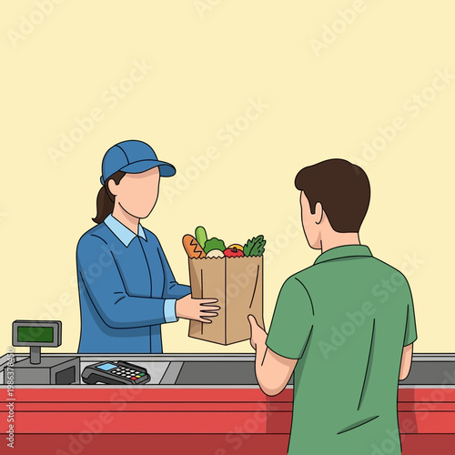 Customer Engages at Checkout with Groceries in Retail Store