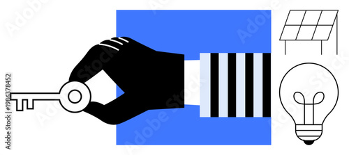 Energy concepts. Hand holding a key alongside energy symbols thumbs up a solar panel and light bulb innovation and renewable power solutions. Ideal for sustainability, energy tech, and innovation