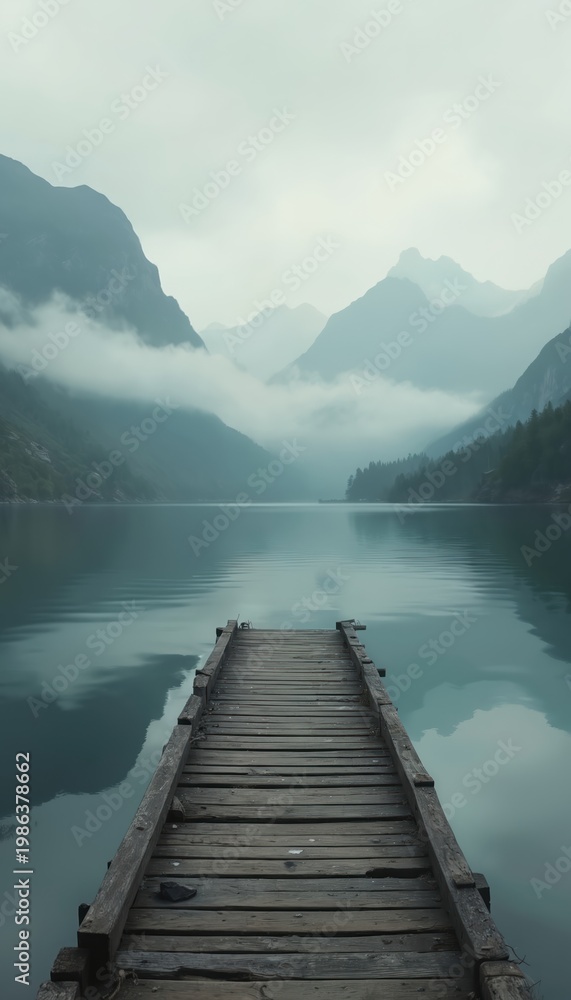 Fototapeta premium Old wooden pier juts into calm lake water. Misty, fog covered mountains rise beyond the tranquil, peaceful, silent scene. Nature landscape outdoor view.