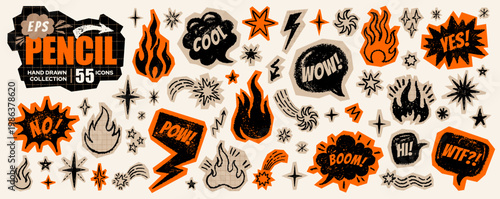 Сomic boom fire star wow explosion effect. Grafitti text collage of splash boom flame. Doodle burst element, bubble cloud art. Cutout grunge crayon sticker onomatopoeia bg. Y2k comic cartoon icon set