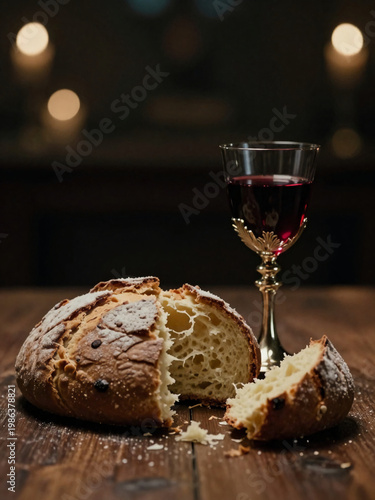 A piece of bread is cut and placed on a wooden table next to a glass of red wine. Candles are lit in the background, creating a soft glow in the room during a gathering Generative AI