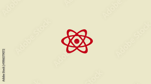 Stylized red atom or molecule symbol with orbiting electrons on a neutral beige background, representing science, technology, and connection