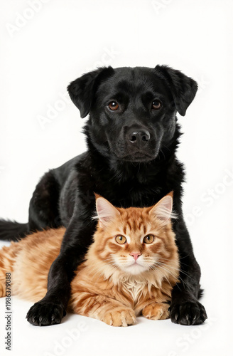 A black dog and an orange cat are sitting next to each other on a white background. The dog has its front paws over the cat, highlighting their bond Generative AI
