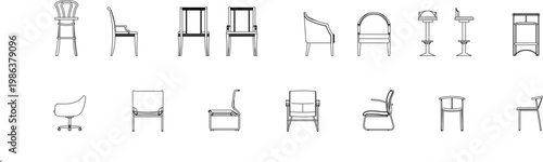 Technical line drawings of various chair designs including dining chairs, bar stools, armchairs, and swivel chairs shown in elevation view.