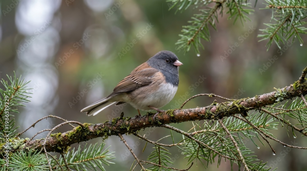 Obraz premium Dark-eyed Junco perched on a mossy pine branch in forest