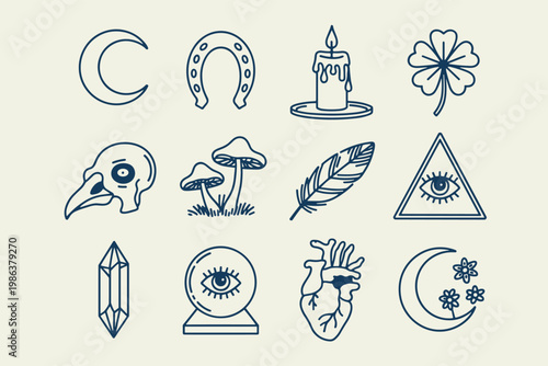Collection of mystical and symbolic line including moon, horseshoe, candle, clover, skull, mushrooms, feather, eye in triangle, crystal, crystal ball, heart, and crescent moon with flowers