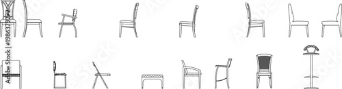 Technical line drawings of various seating furniture including dining chairs, bar stools, armchairs, and benches shown in elevation view.