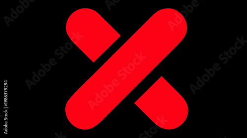 Abstract red X mark symbol icon with rounded edges on a dark black background representing error, close, delete, wrong, or forbidden.