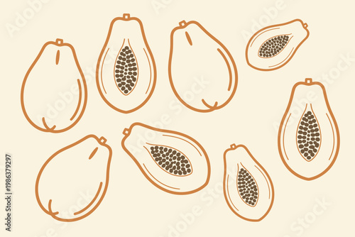 Hand-drawn papayas, whole and halved, with brown seeds on cream background, fruit tropical
