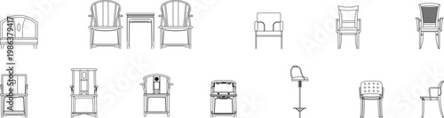 Technical line drawings of various furniture pieces including armchairs, side chairs, dining chairs, and a side table shown in elevation view.