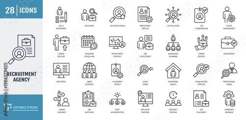 recruitment agency icon set. Icons related to interview scheduling, candidate vetting, staff augmentation, applicant tracking. Outline icon set. Vector illustration with editable stroke