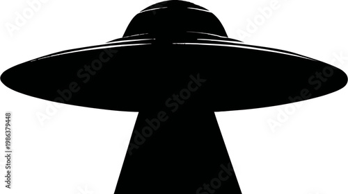 Mysterious black silhouette of an unidentified flying object (UFO) or classic flying saucer, isolated on white background.