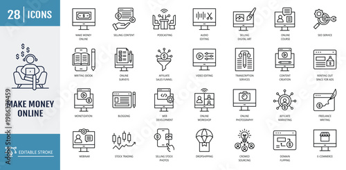 Make money online icon set. Icons related to marketing, affiliate, freelance writing, blogging, survey, content creation, social media management icon. Vector illustration with editable stroke